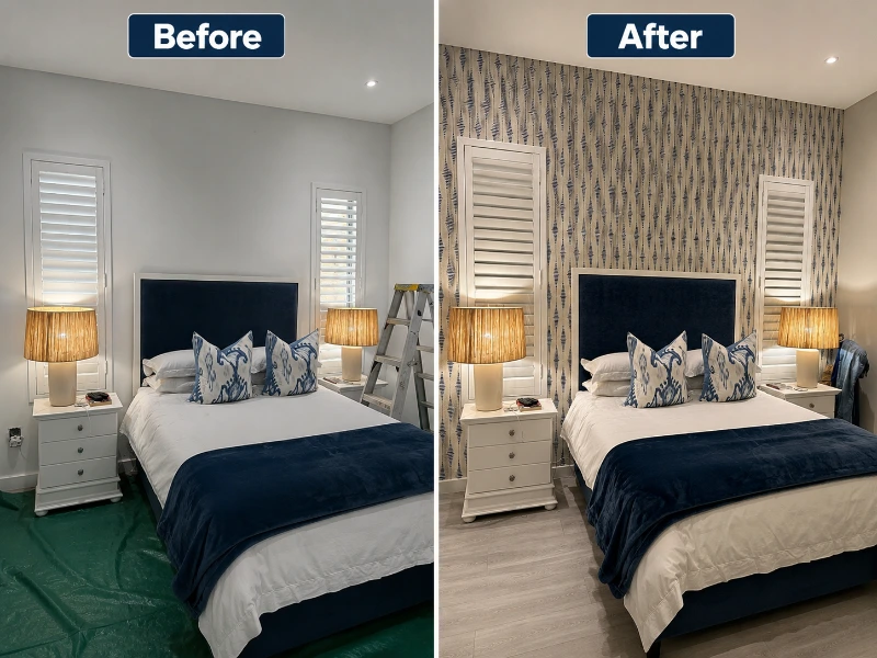 Bedroom wallpaper installation before and after — Denver home transformation