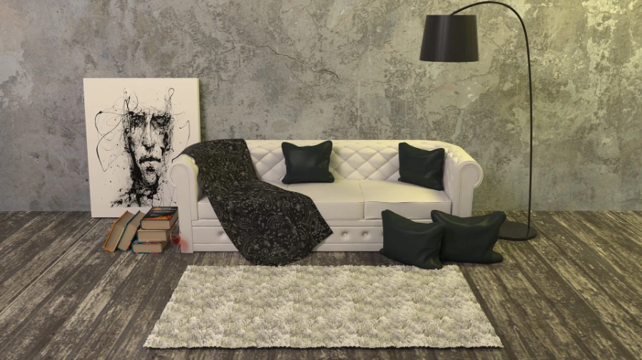 Living room with a textured stone-effect wallpaper wall, white sofa, and modern furnishings