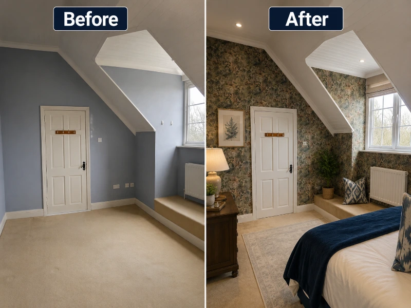 Living room wallpaper before and after transformation — Denver Wallpaper Installation